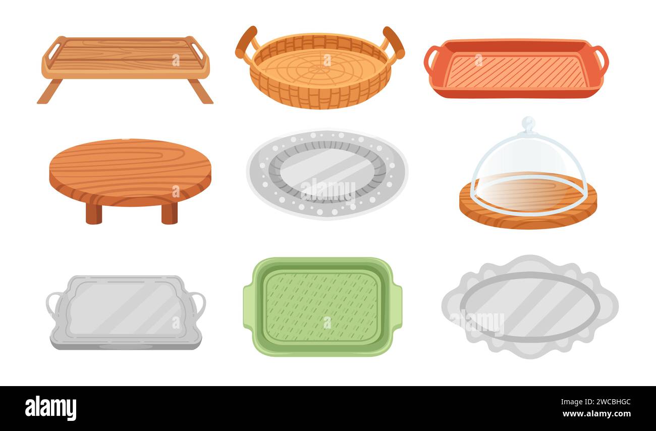 Conjunto de bandeja de comida vacía hecha de acero, plástico o madera con asas o sin ilustración vectorial aislado sobre fondo blanco Ilustración del Vector