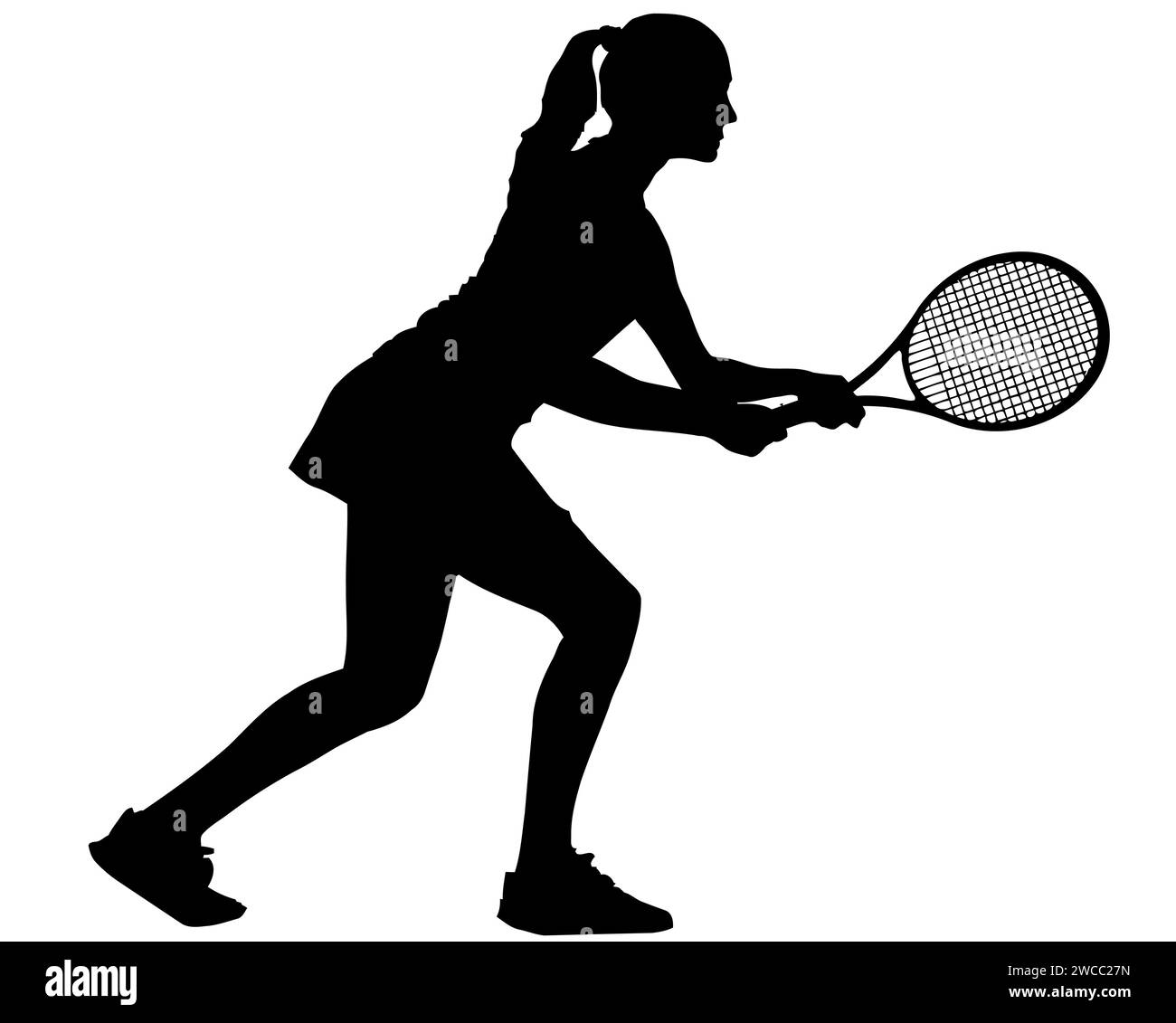 Siluetas de jugador de tenis - Mujer o niña jugando Posicionamiento para recibir servicio Ilustración del Vector