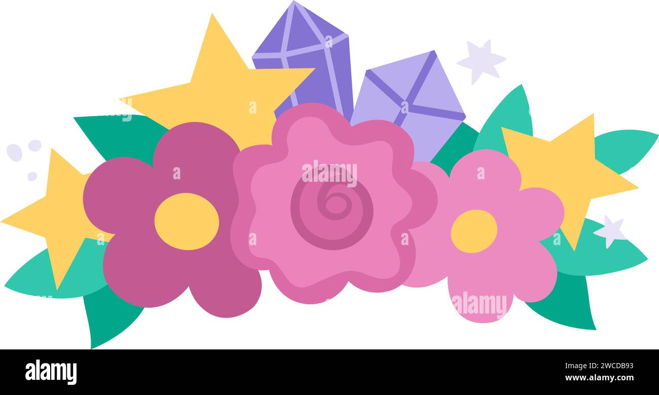 Composición vectorial con flores rosadas, hojas., estrellas y diamantes púrpuras. Concepto de tesoro Unicornio. Decoración del mundo de fantasía floral para tarjetas aisladas Ilustración del Vector