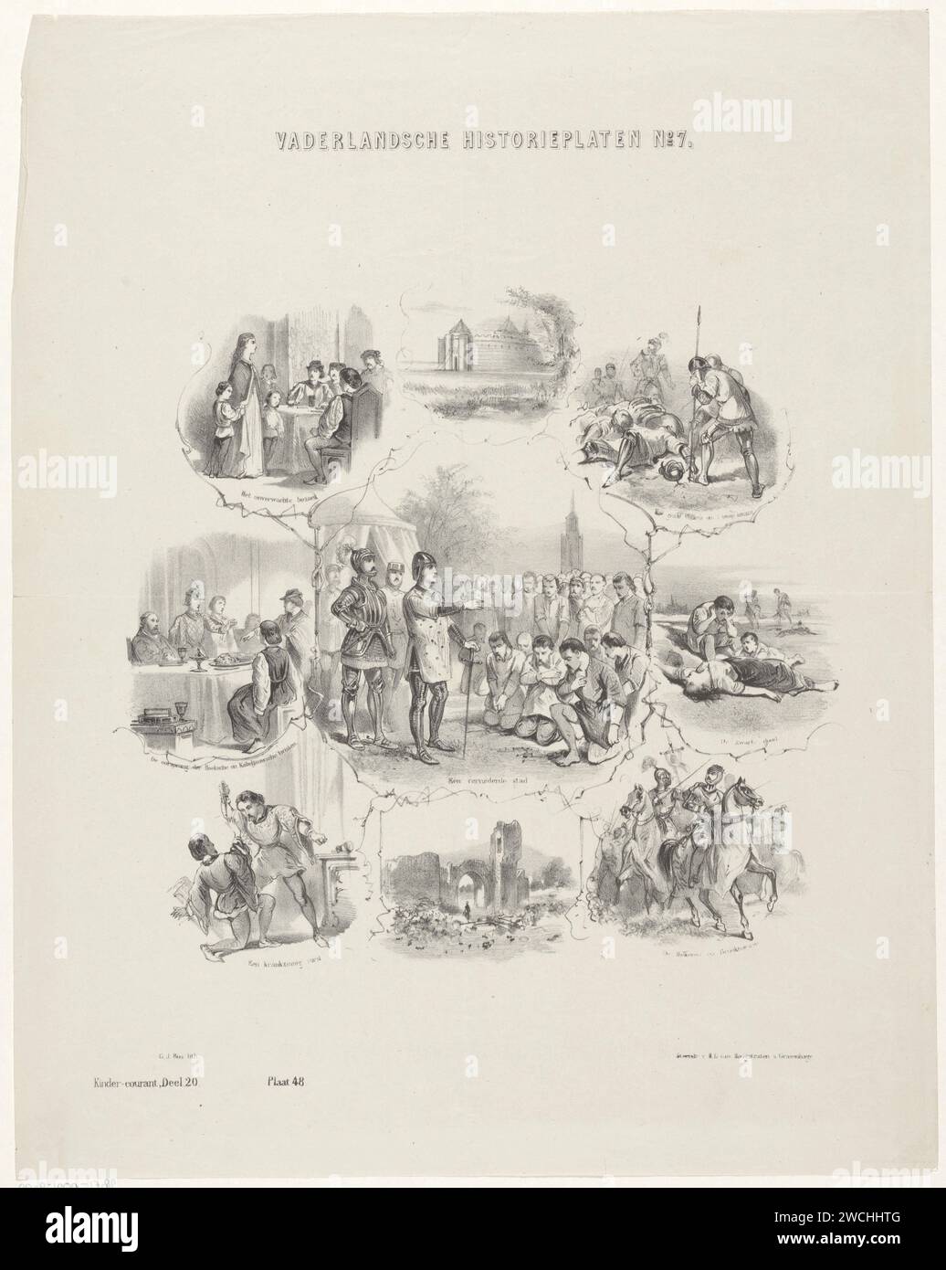 Hoekse y Kabeljauwse giran en Graafschap Holland, Gerardus Johannes Bos, en o antes de 1859 - 1896 imprimir Las escenas se relacionan con los argumentos de Hoekse y Kabeljauwe, como el estallido de la Muerte Negra en Brabante y el loco Conde Willem V. Esta impresión fue publicada por el Kinder-Courant. Fabricante de impresión: Netherlandsprinter: El caballero de papel de La Haya. Peste Geertruidenberg Foto de stock