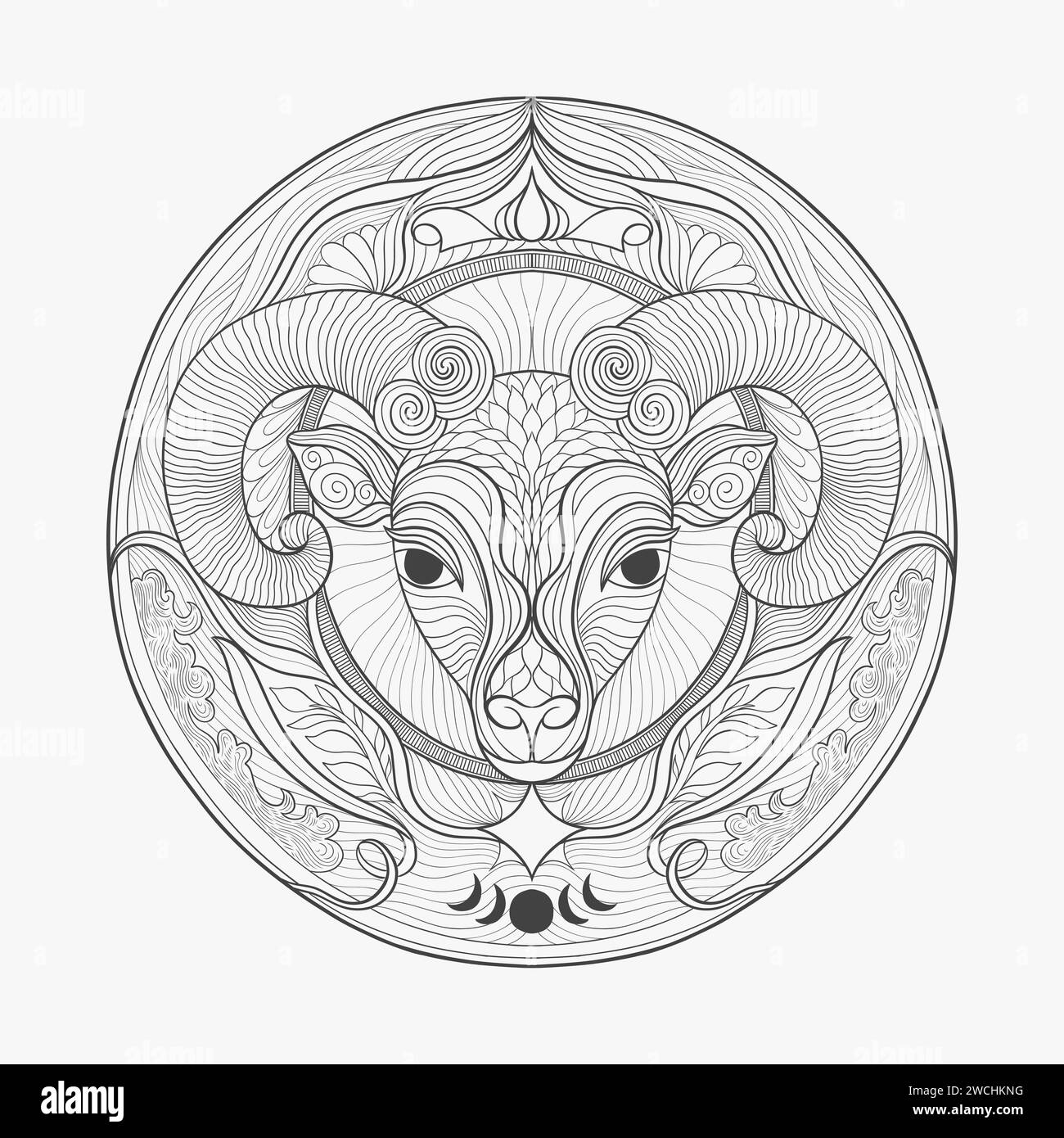 El signo del zodiaco según el horóscopo es Capricornio. Cabra capricornio cabeza de animal con cuernos. Dibujo lineal para grabado. Ilustración del Vector