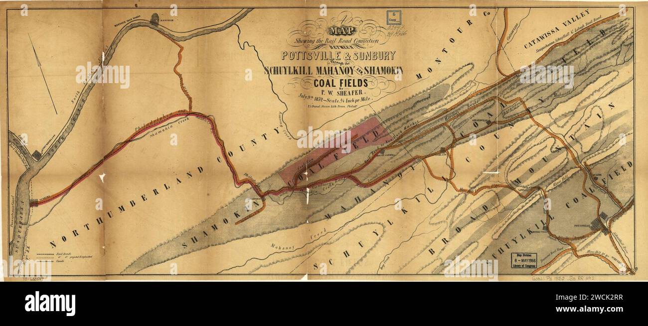 Un mapa que muestra la conexión ferroviaria entre Pottsville y Sunbury a través de los campos de