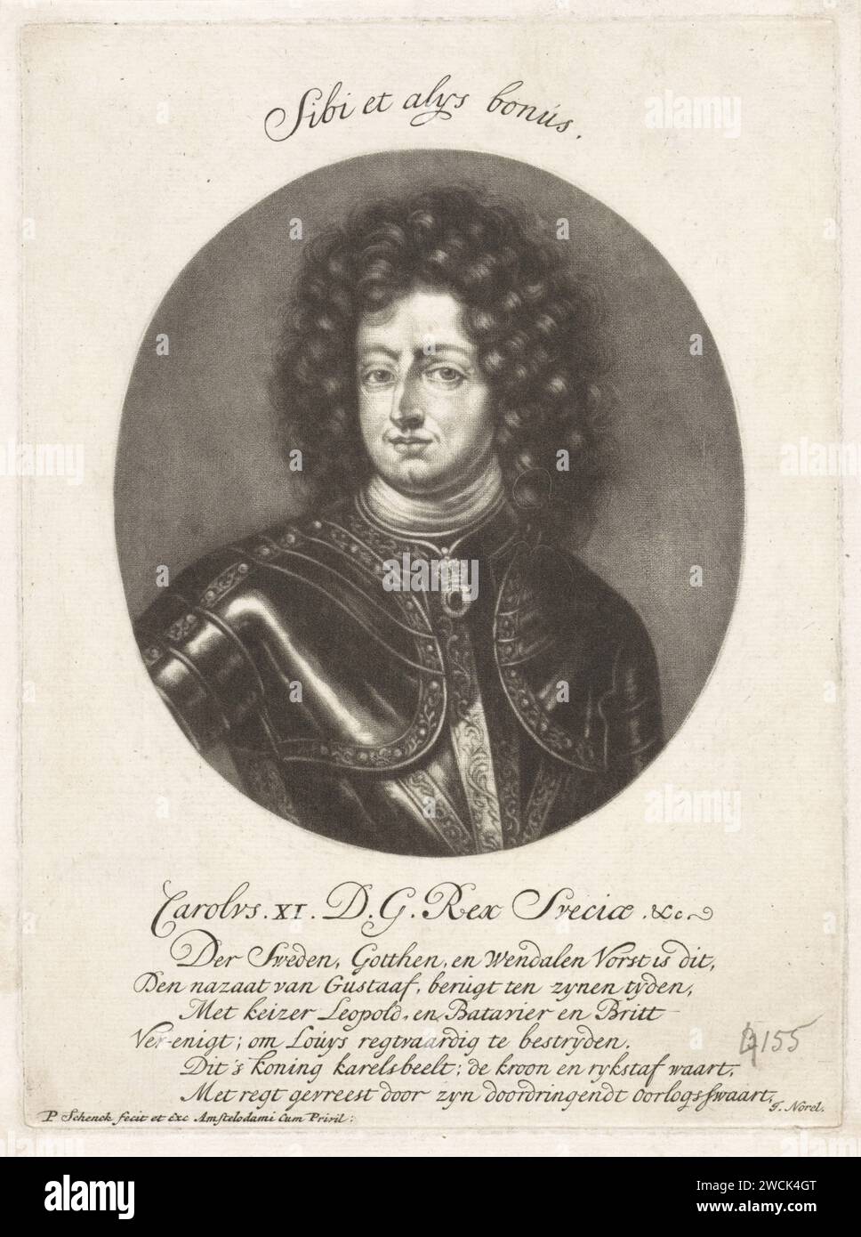 Retrato de Carlos XI, Rey de Suecia, Pieter Schenk (I), 1670 - 1713 impresión Amsterdam arnés de grabado de papel Foto de stock