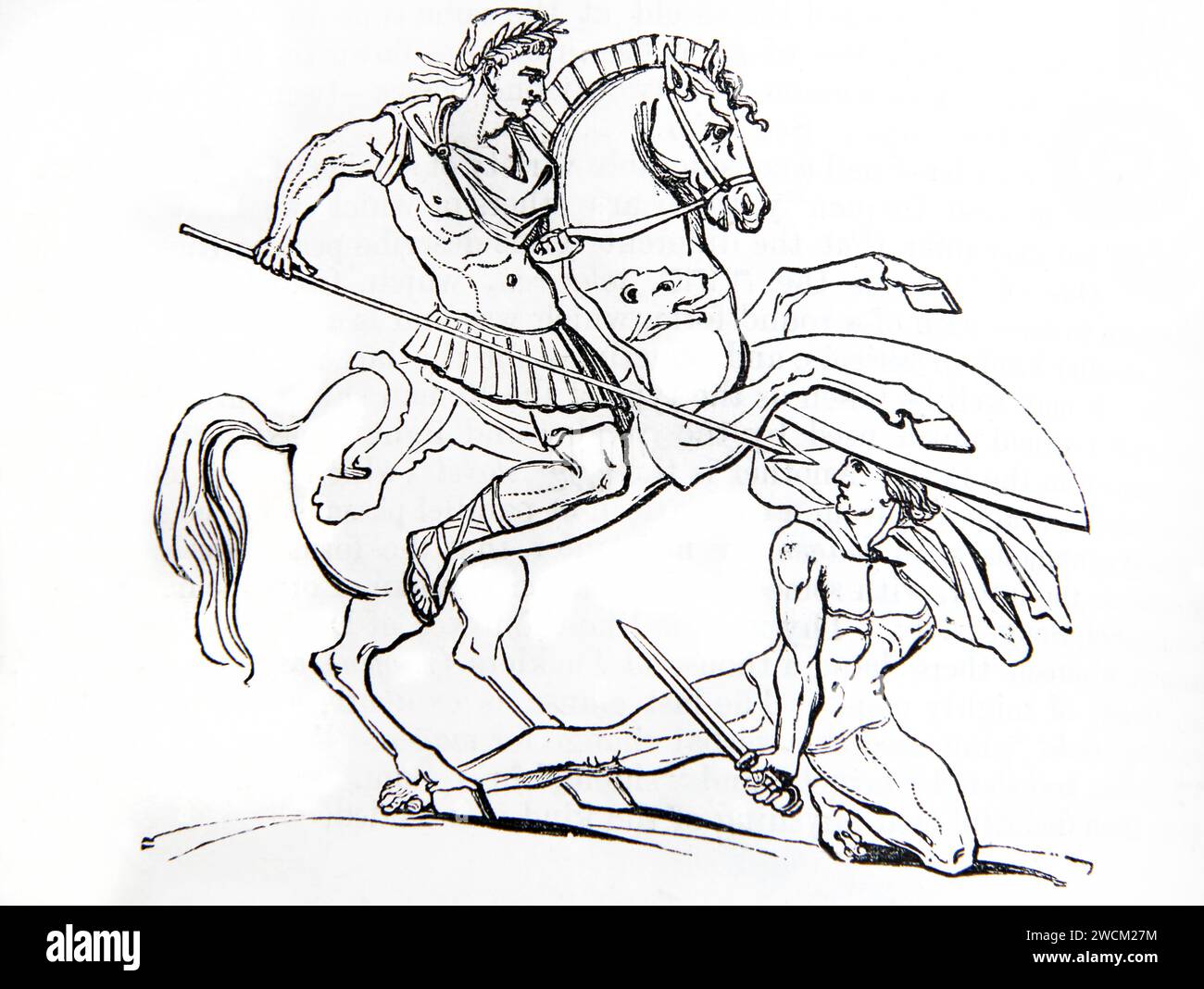 Grabado de madera de un soldado romano que ataca a un bárbaro protegido por un gran escudo de la Biblia familiar ilustrada Foto de stock