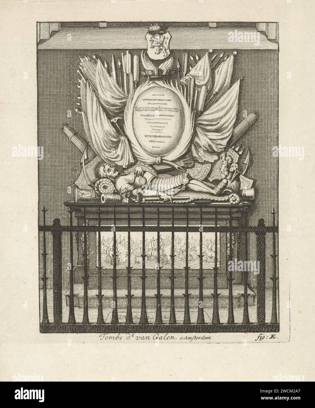 Graftombe por Jan van Galen, Joseph Mulder, 1668 - 1738 imprimir La tumba del guardián de la flota Jan van Galen en el Nieuwe Kerk en Ámsterdam. Numerado en la parte inferior derecha: Fig: E. Amsterdam papel grabado / grabado de tumba, tumba nueva iglesia Foto de stock