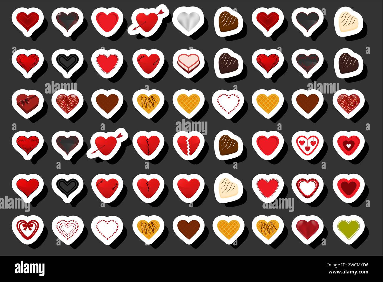 Ilustración sobre el tema Corazón de caramelo de chocolate dulce hermoso, corazón de caramelo que consiste en esmalte de polvo cubierto de chocolate dulce negro, kit chocol Ilustración del Vector