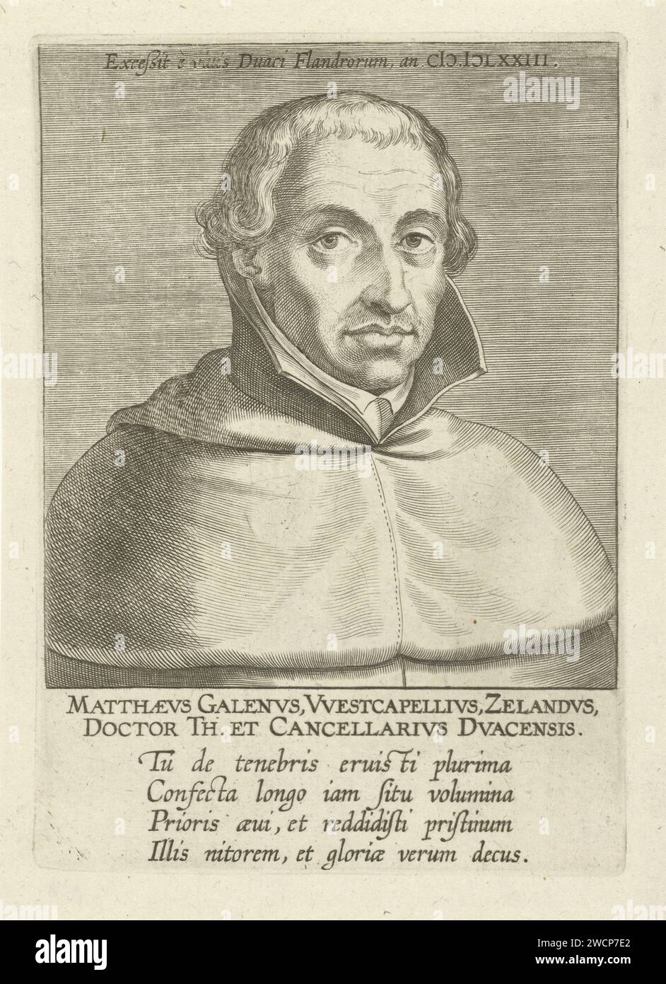 Retrato de Mattheus van Galen, Philips Galle (atribuido al taller OR), impresión 1739 Retrato de Mattheus van Galen, profesor de teología en la Universidad de Douai. Busto a la derecha. La impresión tiene una parte superior y leyenda latina y es parte de una serie de famosos eruditos holandeses y flamencos. Print maker: AntwerpAntwerpPublisher: Grabado de papel en Bruselas Foto de stock