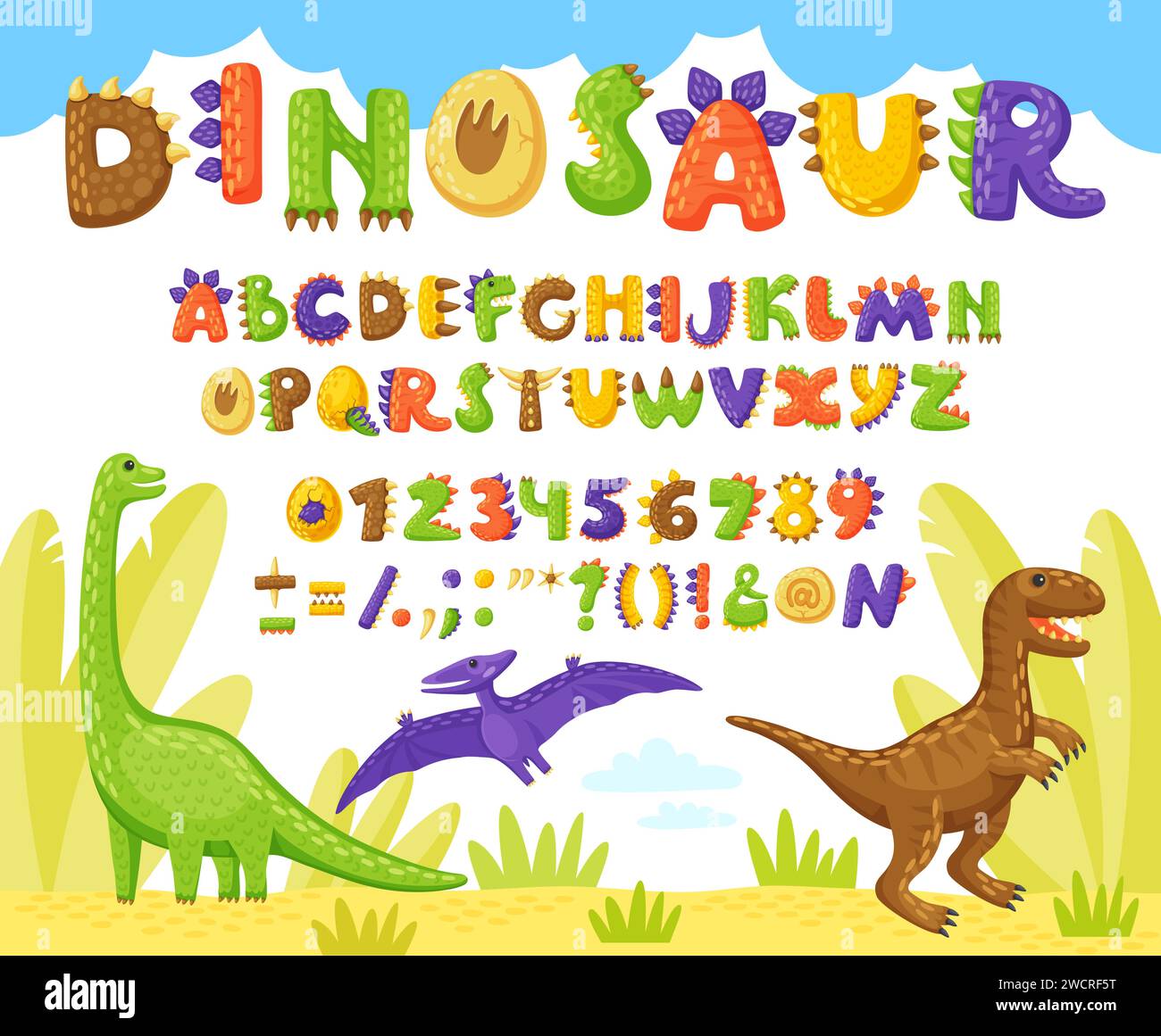 Fuente de dino de dibujos animados, tipo de dinosaurio o tipografía de