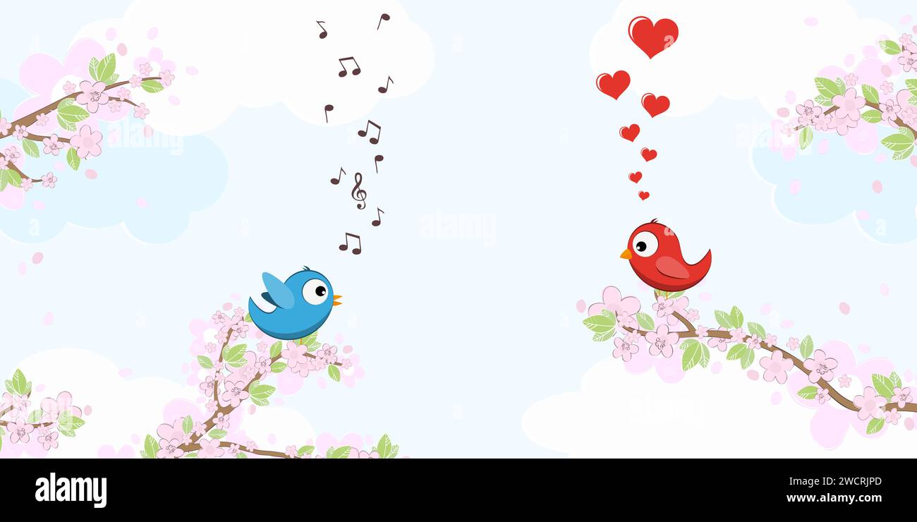 archivo del vector de eps con el canto de color rojo y azul y los pájaros de ensueño en el amor sentado en las ramas con flores y hojas verdes en tiempo de primavera, backgr Ilustración del Vector