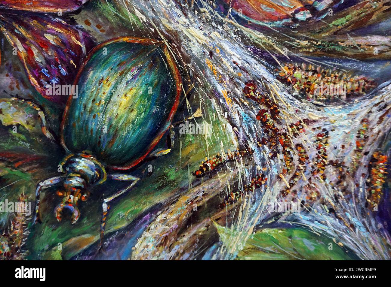 Pintura de arte original Color al óleo Insectos de crecimiento y mariposa de la noche Foto de stock