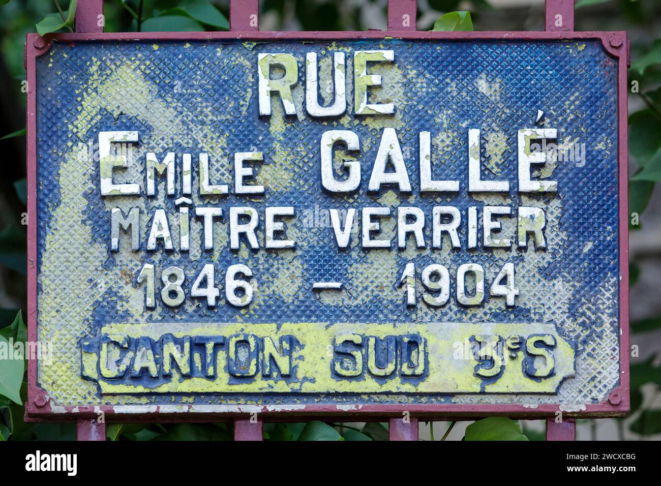 Francia, Meurthe et Moselle, Nancy, placa de calle situada Rue Emile Galle Foto de stock