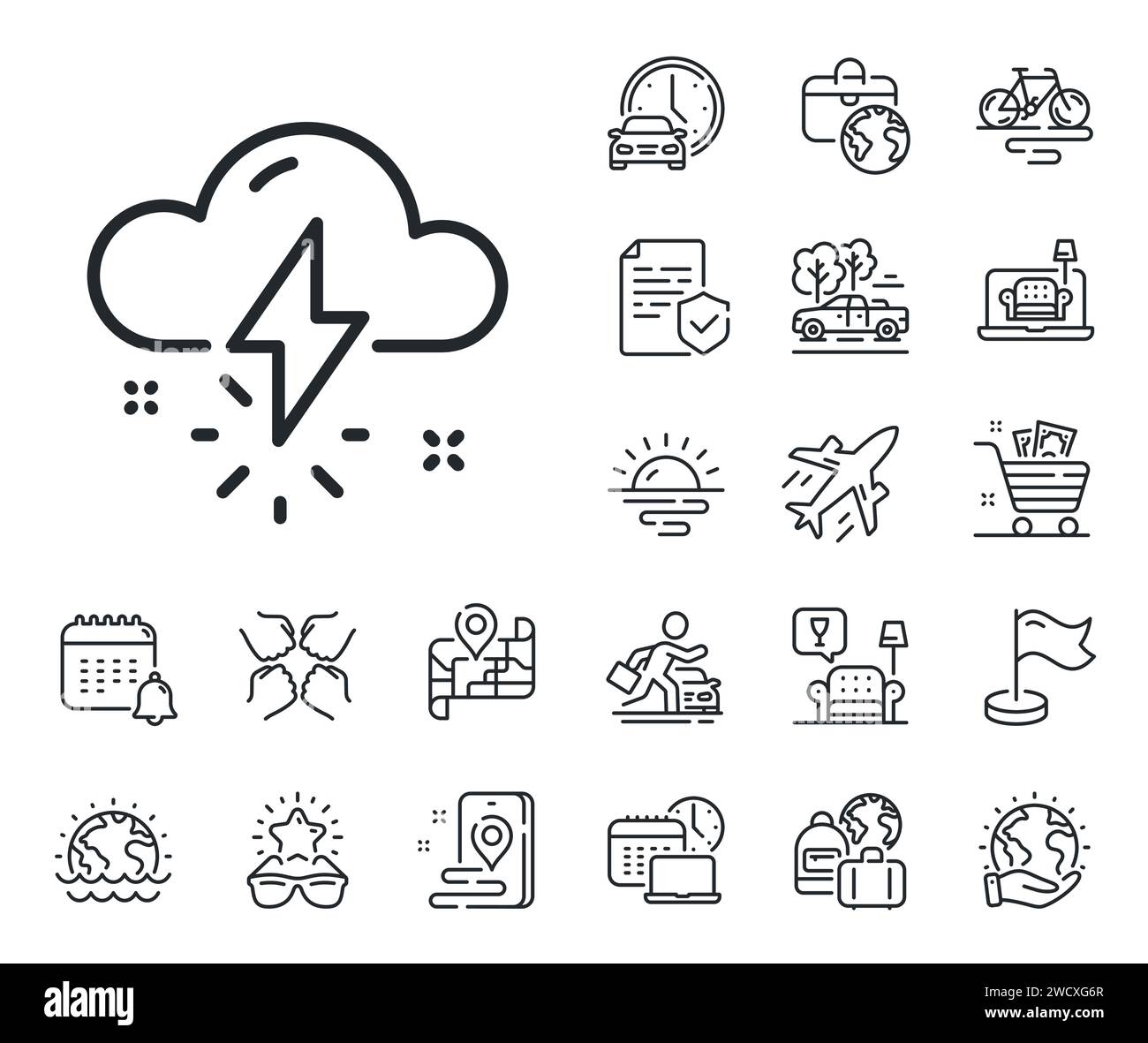 Icono de línea meteorológica de tormenta. Thunderbolt con signo de nube. Avión jet, mapa de viaje y reclamo de equipaje. Vector Ilustración del Vector