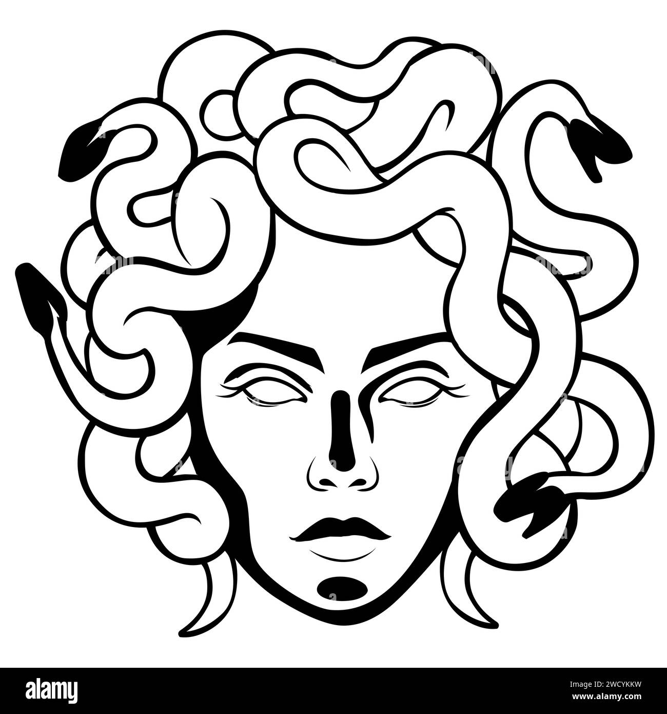 Antigua cabeza gorgon medusa. Serpiente criatura mítica con serpientes Ilustración del Vector