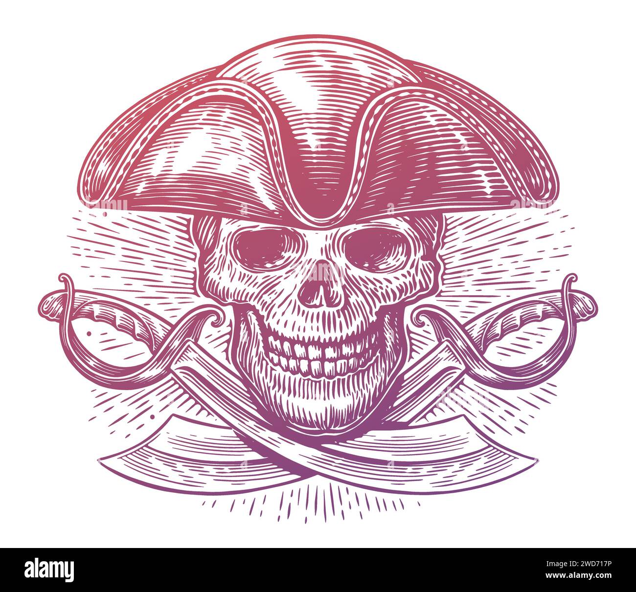 Cráneo pirata en sombrero tricorne y sables cruzados. Esqueleto con cuchillas. Dibujado a mano ilustración vectorial vintage Ilustración del Vector