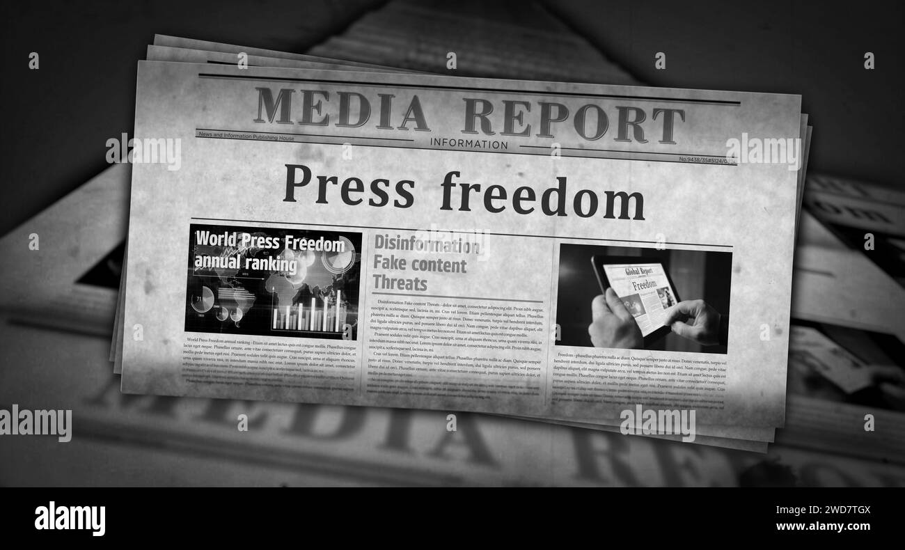 Libertad de prensa y periodismo libre de noticias vintage e impresión de periódicos. Concepto abstracto retro titulares ilustración 3d. Foto de stock