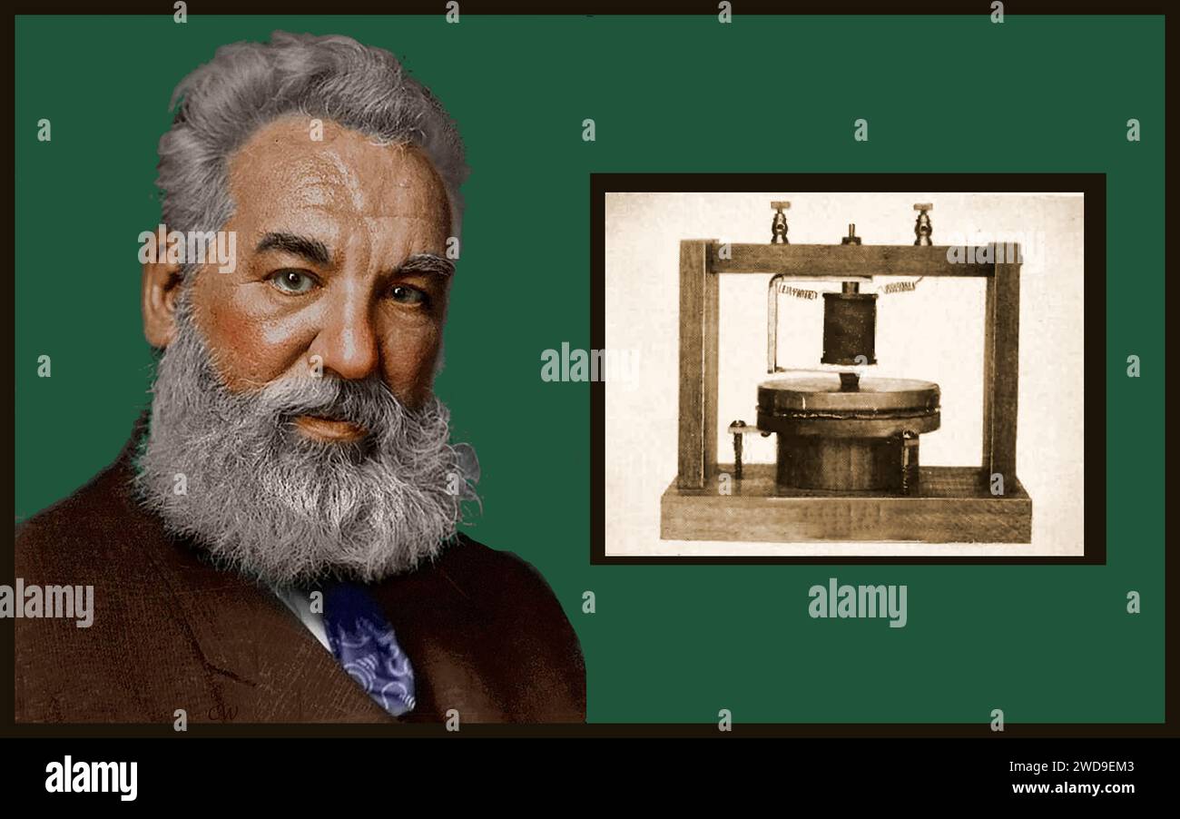 Alexander Graham Bell (nacido Alexander Bell) 1847 – 1922)[ El inventor, científico e ingeniero canadiense estadounidense nacido en Escocia, al que se le atribuye patentar el primer teléfono práctico. En 1885 cofundó AT&T, la American Telephone and Telegraph Company (AT&T). INSET: Su primer teléfono Foto de stock
