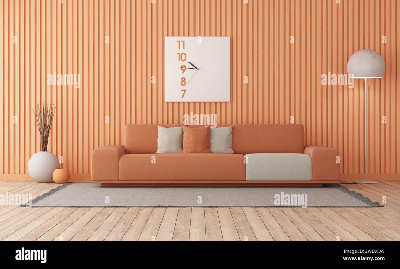 Peach fuzz tendencia color año 2024 , con sofá minimalista, reloj y lámpara de pie - 3d renderizado Foto de stock