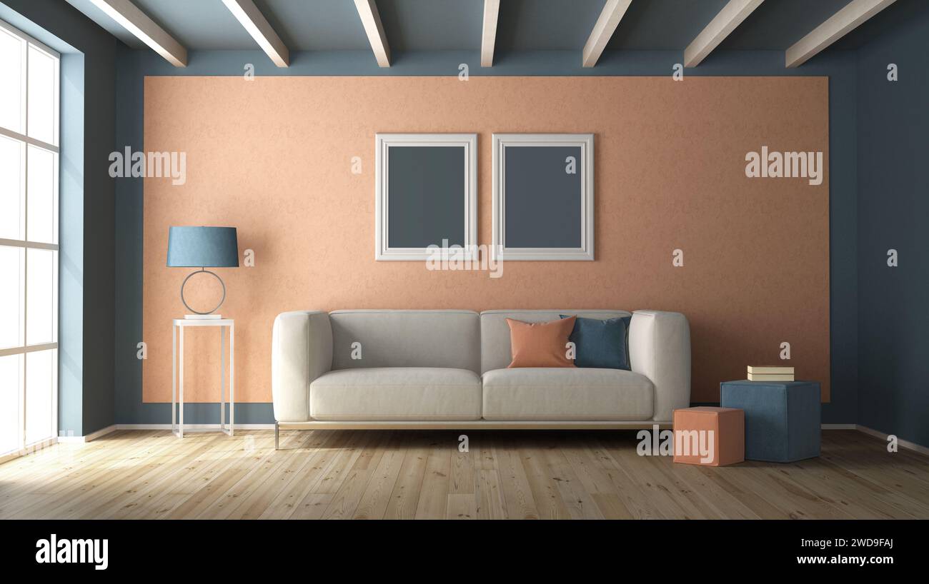 Sala de estar minimalista con sofá, lámpara de mesa, marco con paredes azules y color melocotón fuzz en el fondo - representación 3D. Foto de stock