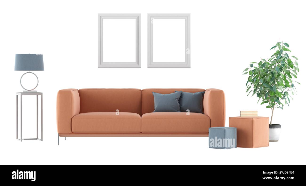 Sala de estar moderna establecida en color fuzz de melocotón tendencia año 2024, con lámpara de pie, planta interior, marco de imagen y representación 3d de taburete de pies Foto de stock