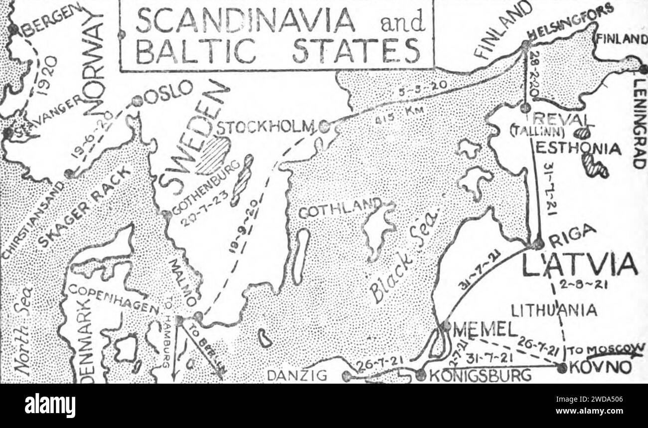 1925 Mapa de rutas de Escandinavia y los Estados Bálticos. Foto de stock