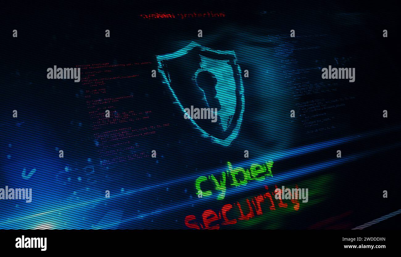 Concepto de tecnología de símbolo de seguridad cibernética. Signo abstracto en pantallas de glitch ilustración 3d. Foto de stock