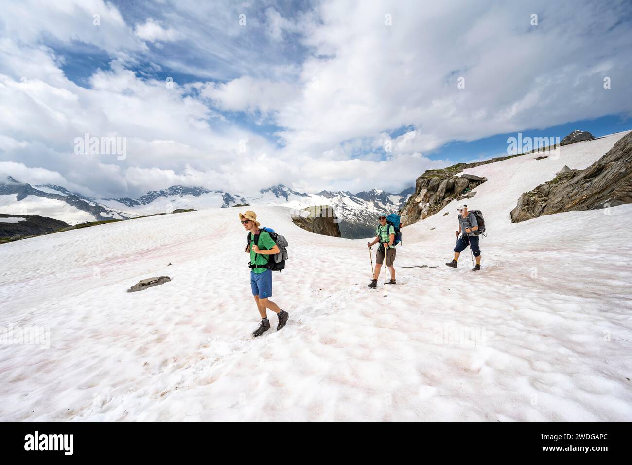 Tres montañeros cruzando un campo de nieve, ascienden al Noerdliche Moerchnerscharte, Berliner Hoehenweg, Zillertal Alpes, Tirol, Austria Foto de stock