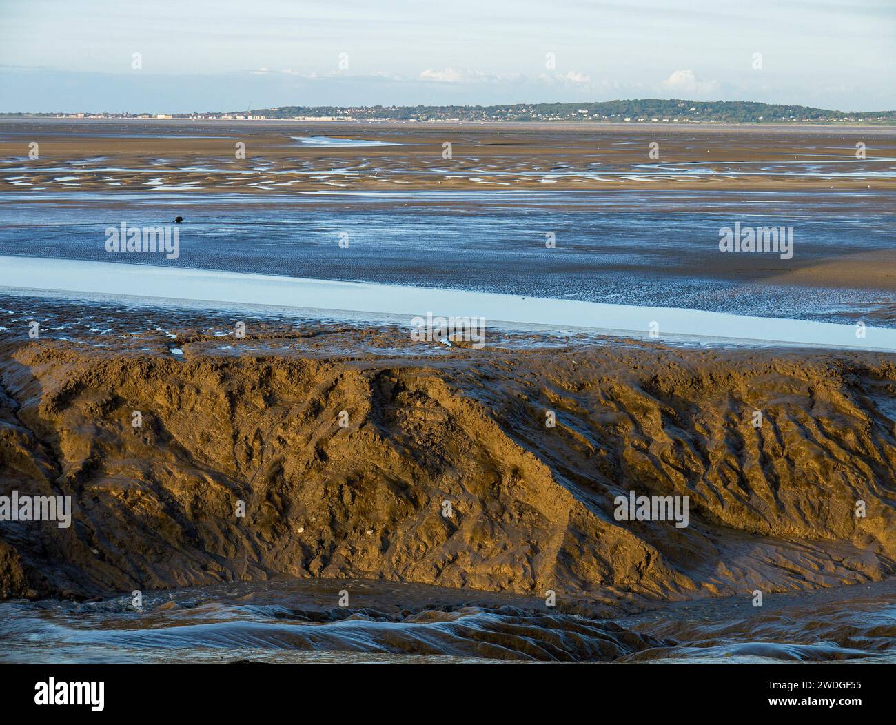 Mudflats del estuario del río Dee en marea baja, actuando como la frontera natural entre Inglaterra y Gales, Llannerch-y-Môr, Flintshire, Gales Foto de stock