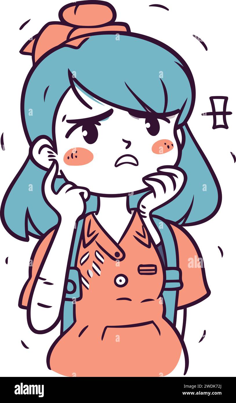 Ilustración vectorial linda de una chica con una expresión triste en su cara. Ilustración del Vector