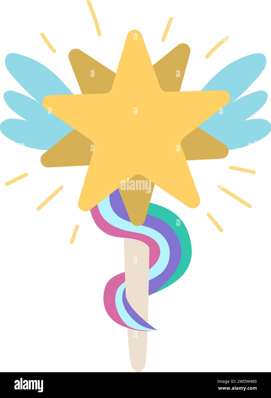 Vector unicornio o varita mágica de hadas con estrellas, alas, banda de arco iris. Lindo elemento del mundo de fantasía. Icono de Wizard stick. Decoración de cuento de hadas para tarjetas isol Ilustración del Vector