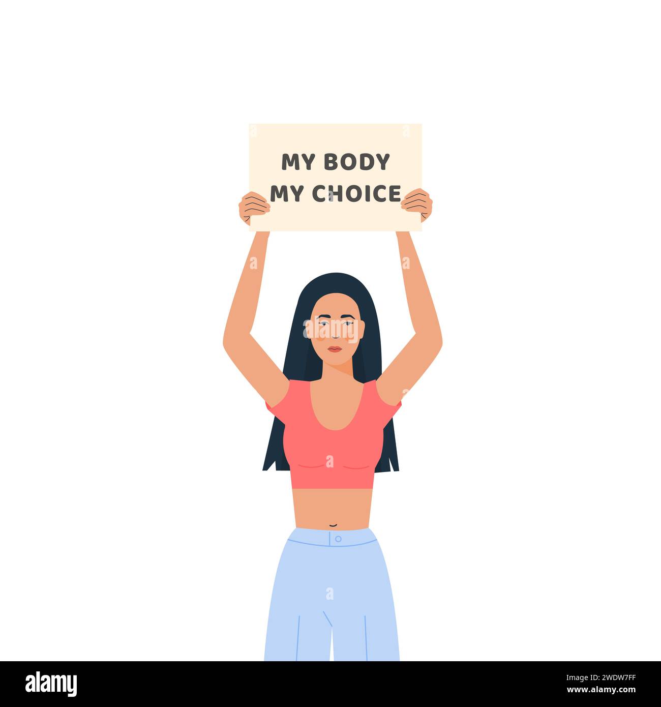 Mi cuerpo, mi elección. Movimiento contra la prohibición del aborto. Placard contra el embarazo no deseado. Mujer joven moderna de moda que sostiene la bandera para apoyar a las mujeres r Ilustración del Vector