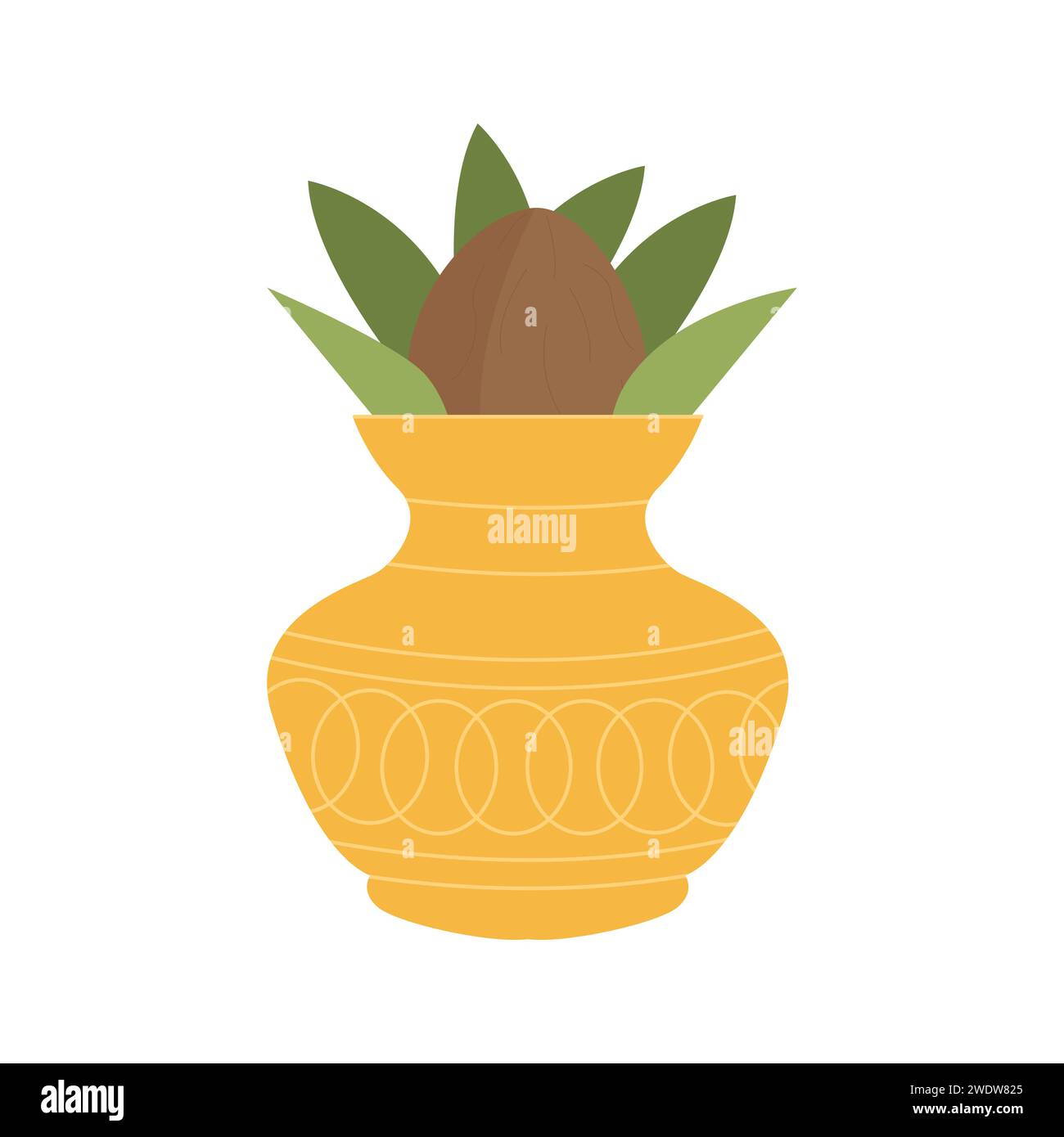 Ofrenda de Kalash. Hoja de coco y mango en jarrón dorado. Festival Ugadi. Año Nuevo Lunar. Vacaciones en el sur de la India. Vector objeto religioso plano para el hindú ri Ilustración del Vector