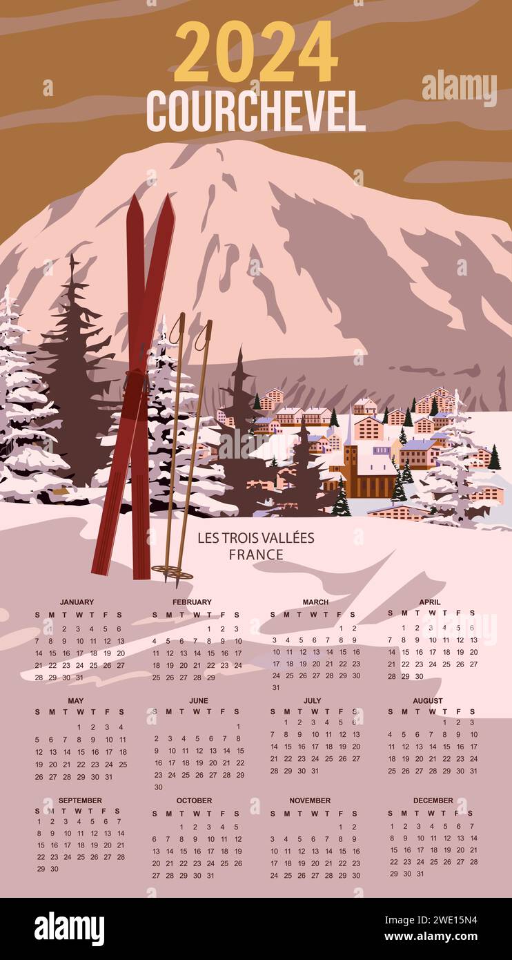 Calendario 2024 Ski Courchevel resort Póster de pared vintage Imagen