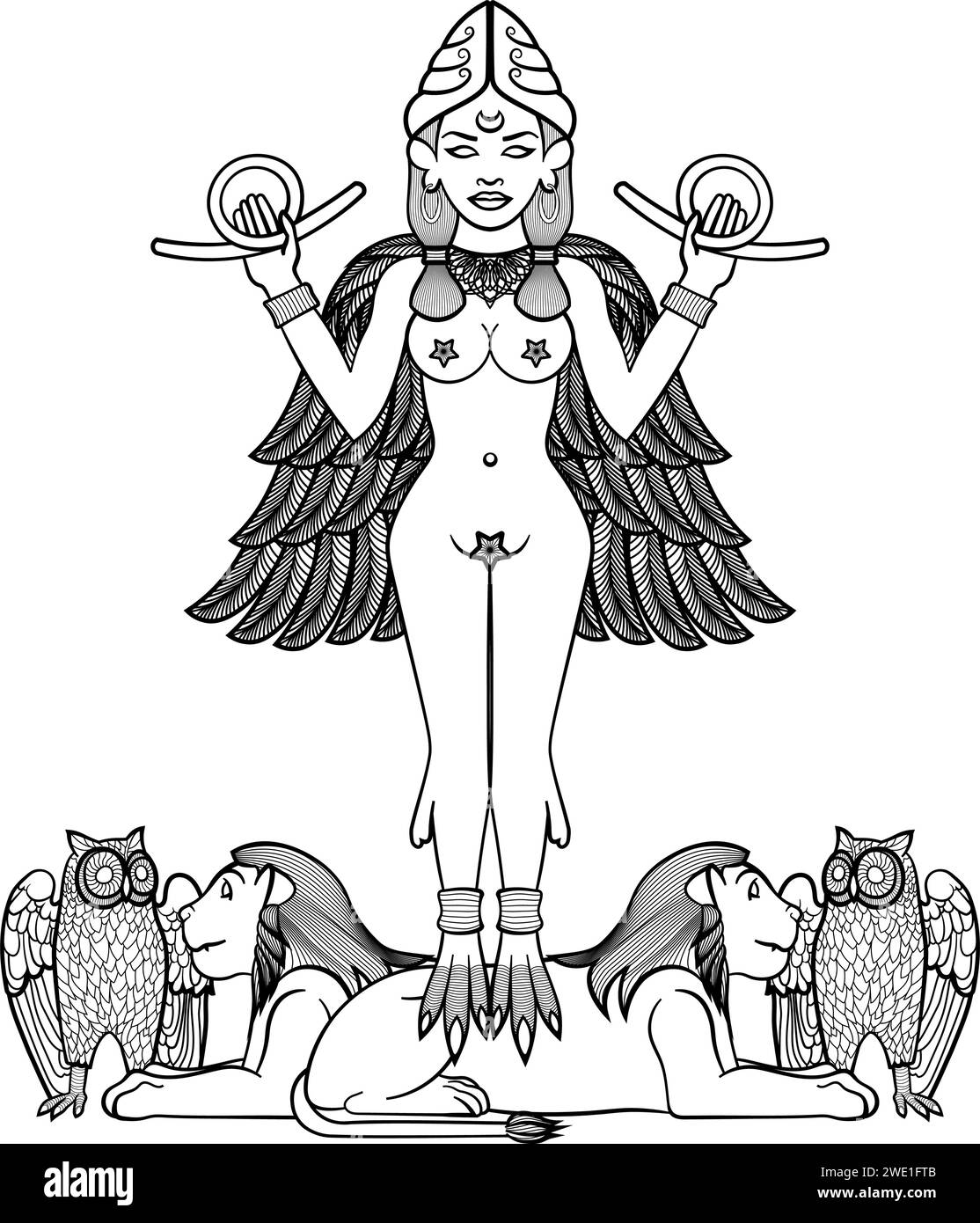 Lilith, una poderosa figura femenina, se levanta con las manos levantadas y las alas extendidas, sobre los leones. Ilustración del Vector