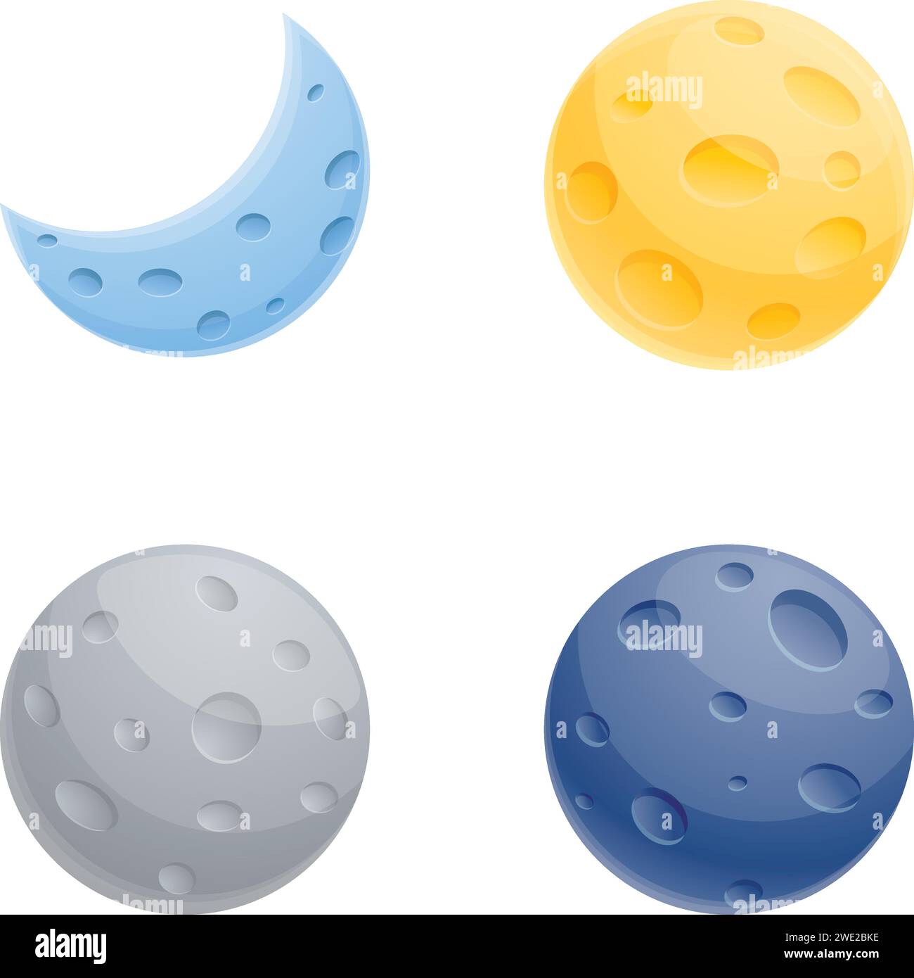 Iconos de fase lunar establecen vector de dibujos animados. Fase diferente de la luna. Cuerpo celeste, astronomía Ilustración del Vector