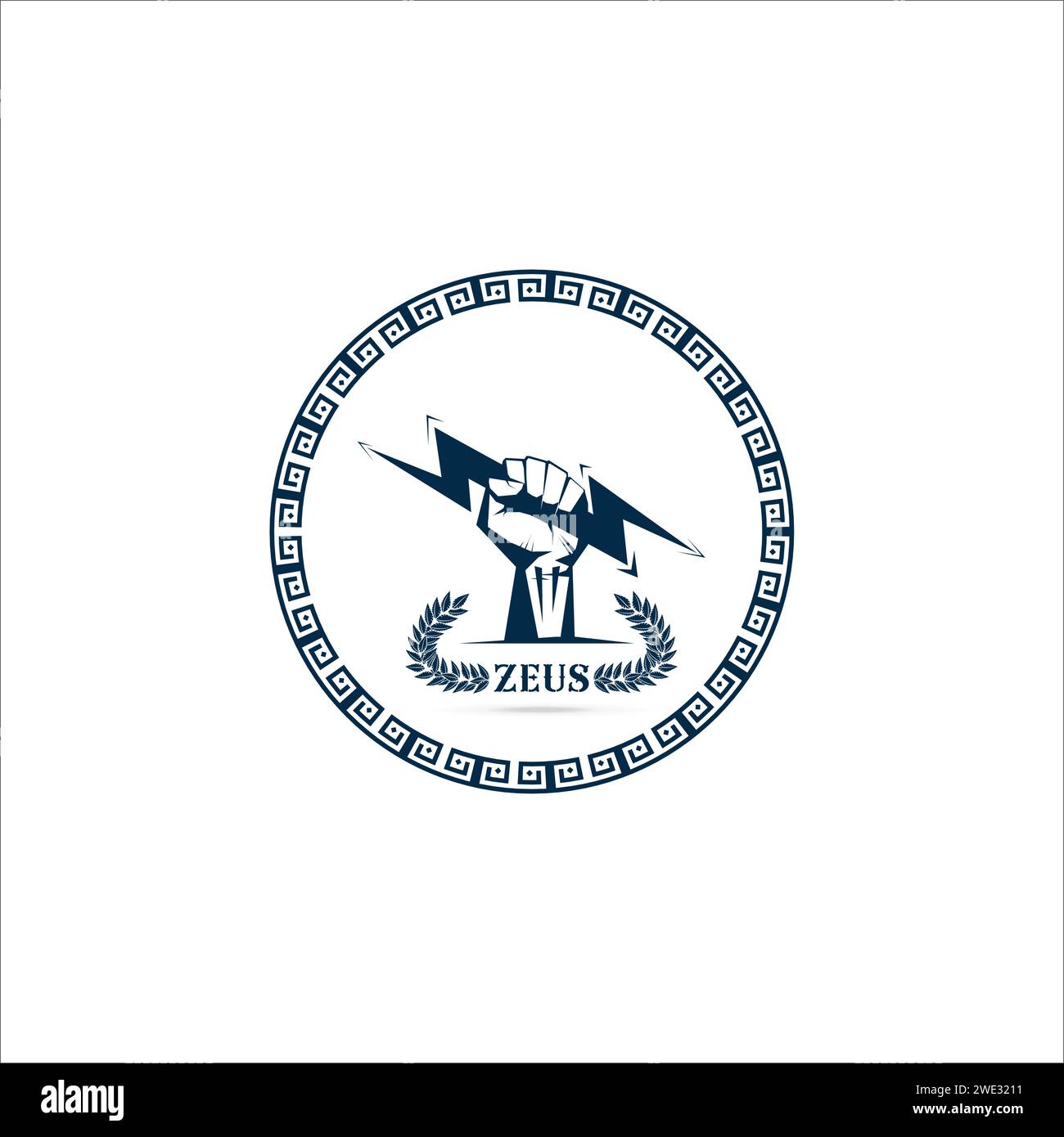 Plantilla de logotipo Mano del puño sosteniendo el trueno aislado con la rama de olivo con el símbolo del trueno del dios griego zeus en el fondo blanco Ilustración vectorial Ilustración del Vector