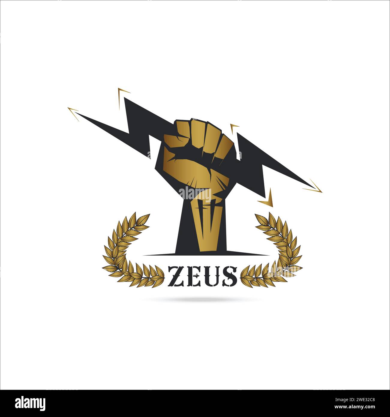 Plantilla de logotipo Mano del puño sosteniendo el trueno aislado con la rama de olivo con el símbolo del trueno del dios griego zeus en el fondo blanco Ilustración vectorial Ilustración del Vector