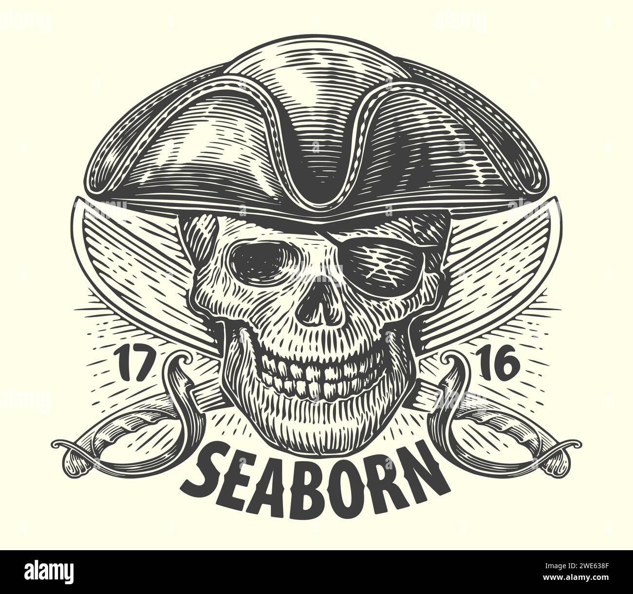 SEABORN. Pirata en sombrero con sables cruzados. Cráneo cabeza boceto vintage ilustración vectorial Ilustración del Vector