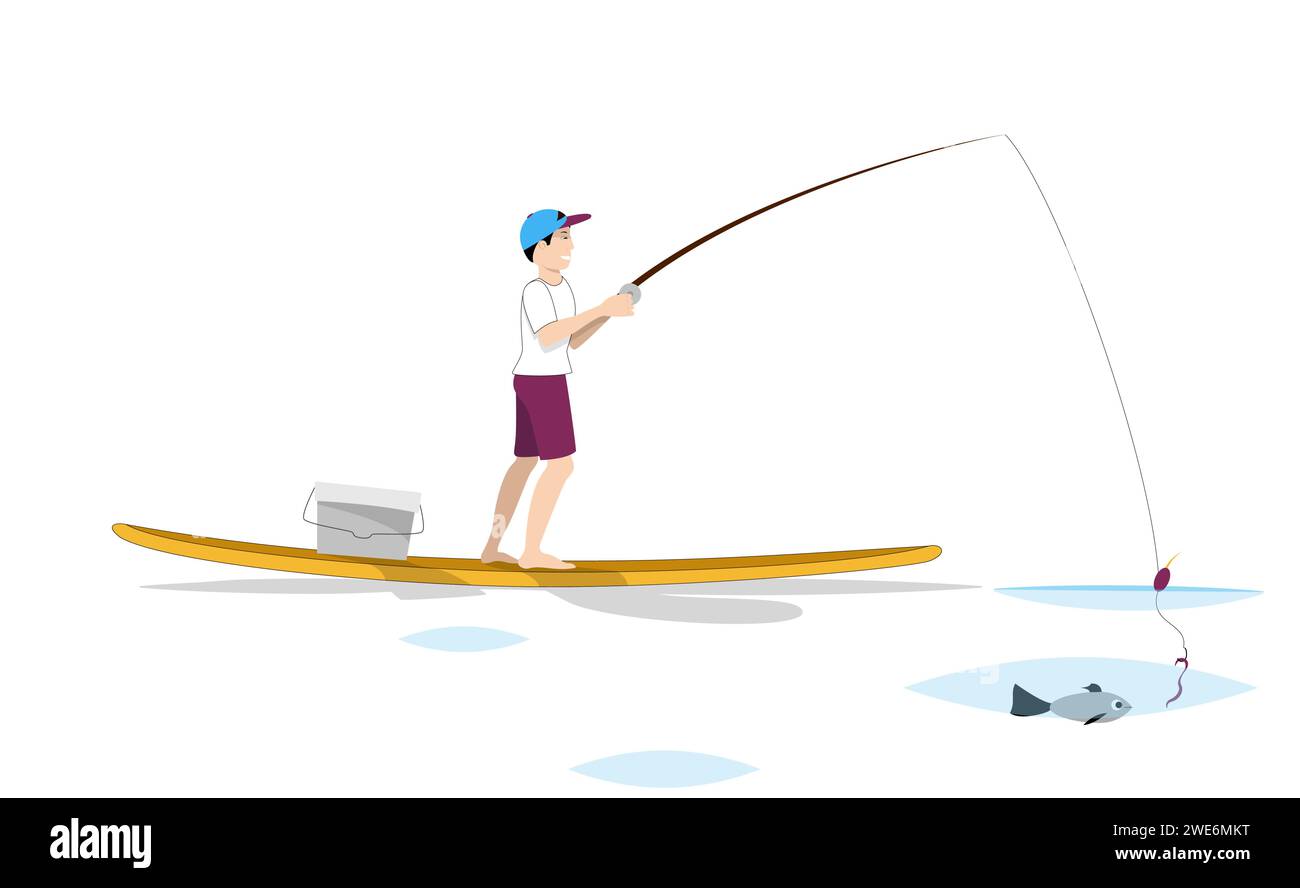 Hombre pescando de pie en el sup board. Ilustración de landing page Ilustración del Vector