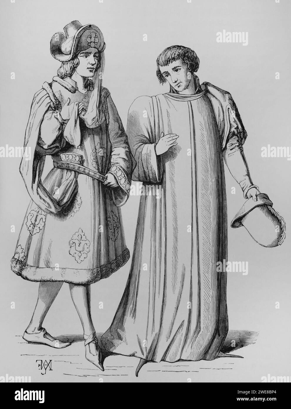 Francia. Un joven noble y burgués en el siglo XIV. Grabado. 'Moeurs