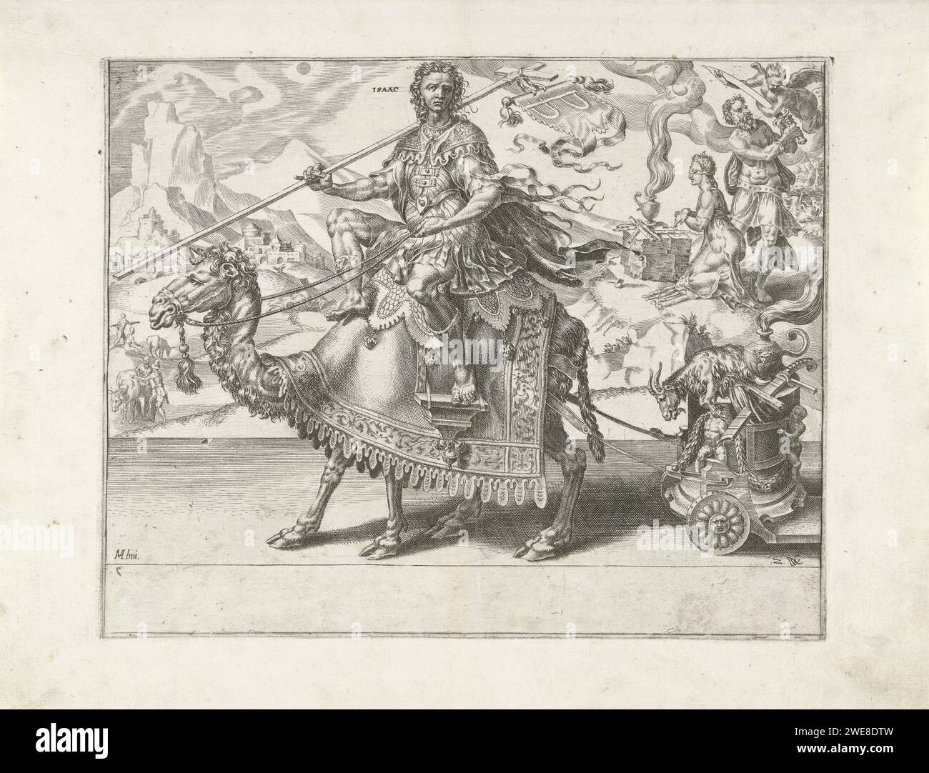 Triunfo de Isaac, Dirck Volckertsz. Coornhert, después de Maarten van Heemskerck, 1559 impresión en primer plano Isaac, conduciendo en un dromedario. En su mano derecha una cruz con una bandera. En la bandera dos boyas como signo de su pasibilidad voluntaria. Dibuja un carro con atributos de su paciencia: El carnero que fue sacrificado en su lugar, la espada de Abraham y la pila de sacrificio. En el fondo el sacrificio de Isaac. La impresión tiene un texto latino de seis líneas en un pedazo de papel separado y es parte de una serie de ocho partes sobre el triunfo de la pasión. Haarlem grabado de papel / engrav Foto de stock