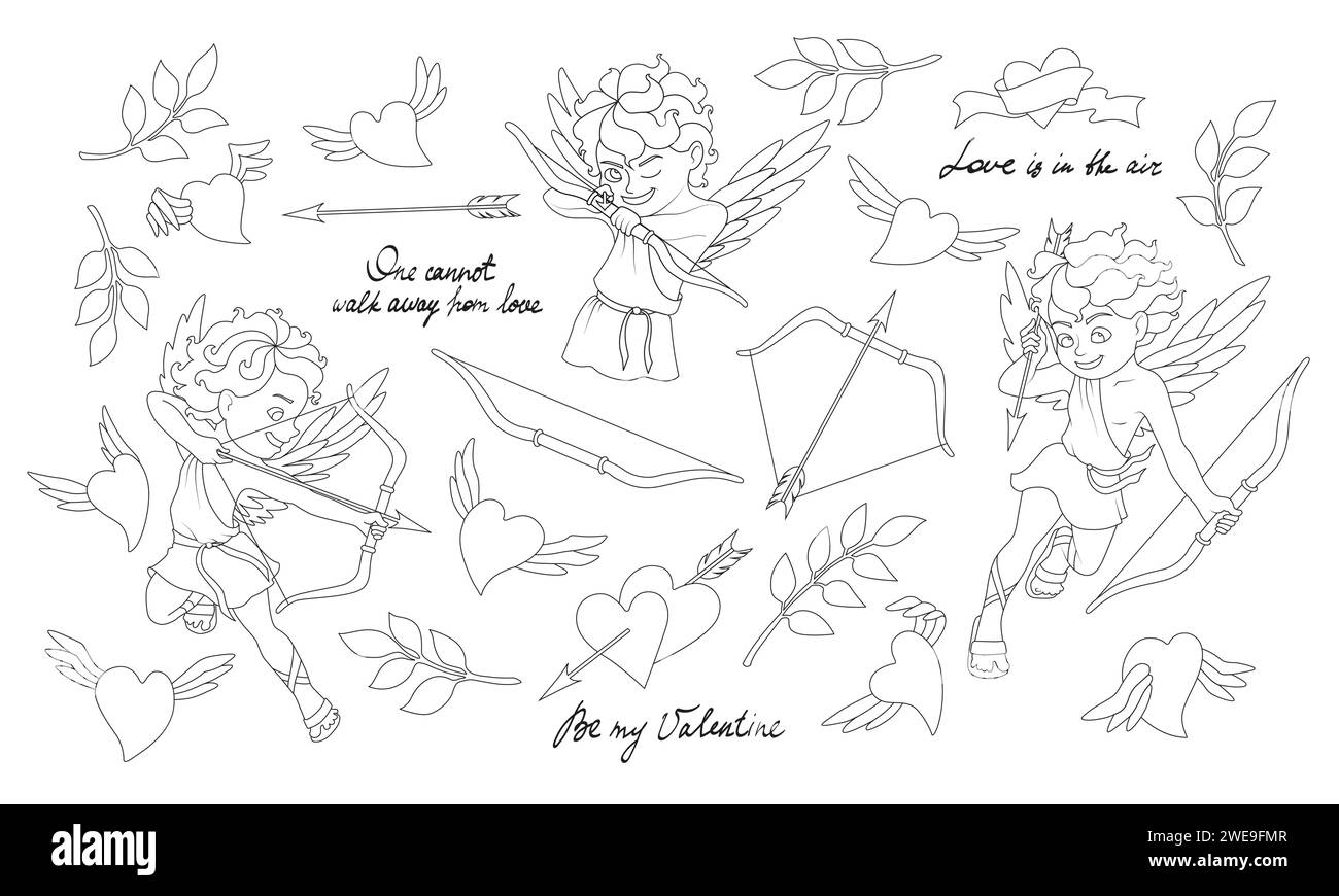 Vector conjunto de elementos de diseño del Día de San Valentín. Ilustraciones lineales de personaje de Cupido, arco, flecha de amor, corazones voladores, hojas verdes, cita de caligrafía Ilustración del Vector