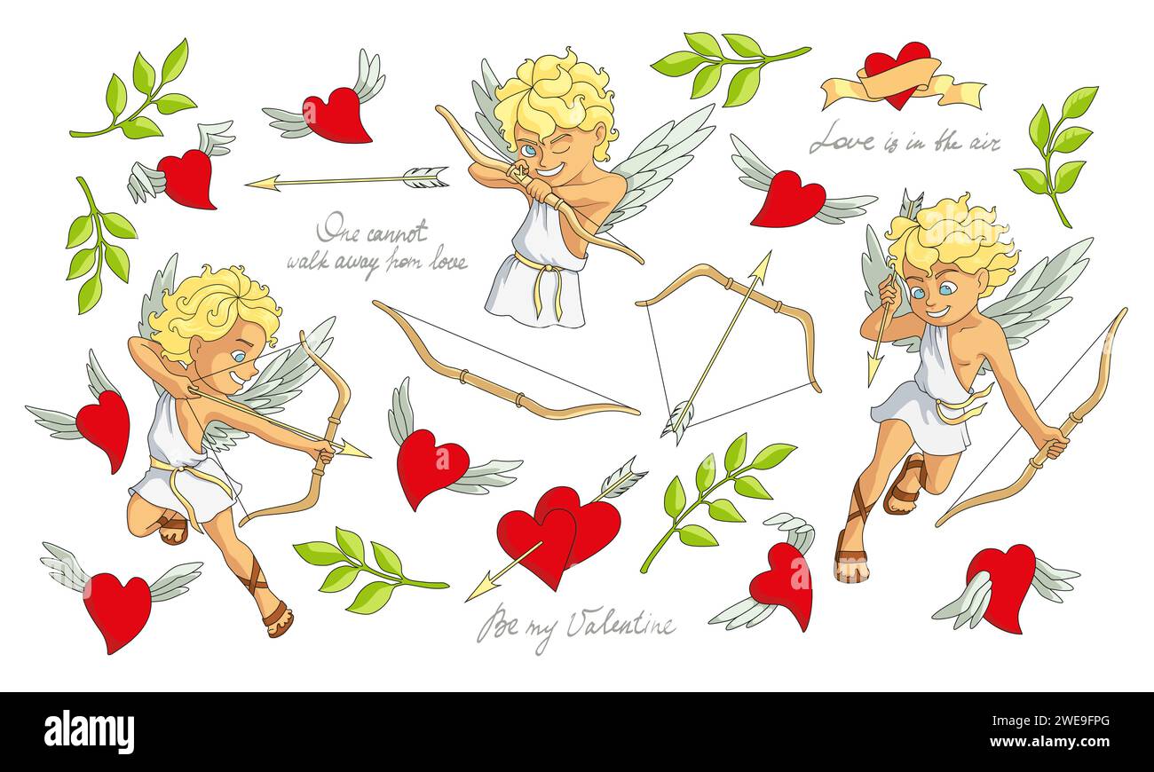 Conjunto de símbolos vectoriales de amor y día de San Valentín. Joven personaje de cupido, arco de tiro con arco, flecha de amor, corazones voladores, hojas verdes, citas de caligrafía Ilustración del Vector