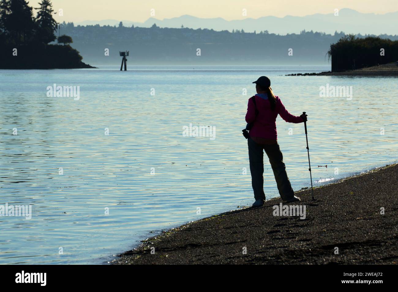 Caminante en la playa en Eagle Harbour, Pritchard Park, Bainbridge Island, Washington Foto de stock