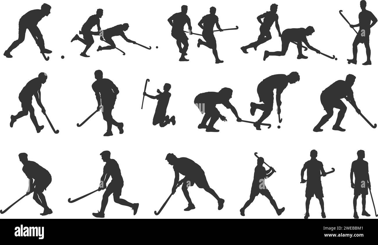 Silueta de jugadores de hockey de campo, siluetas de hockey de campo, siluetas de jugador de hockey, clipart de hockey de campo, juego de vector de hockey de campo. Ilustración del Vector