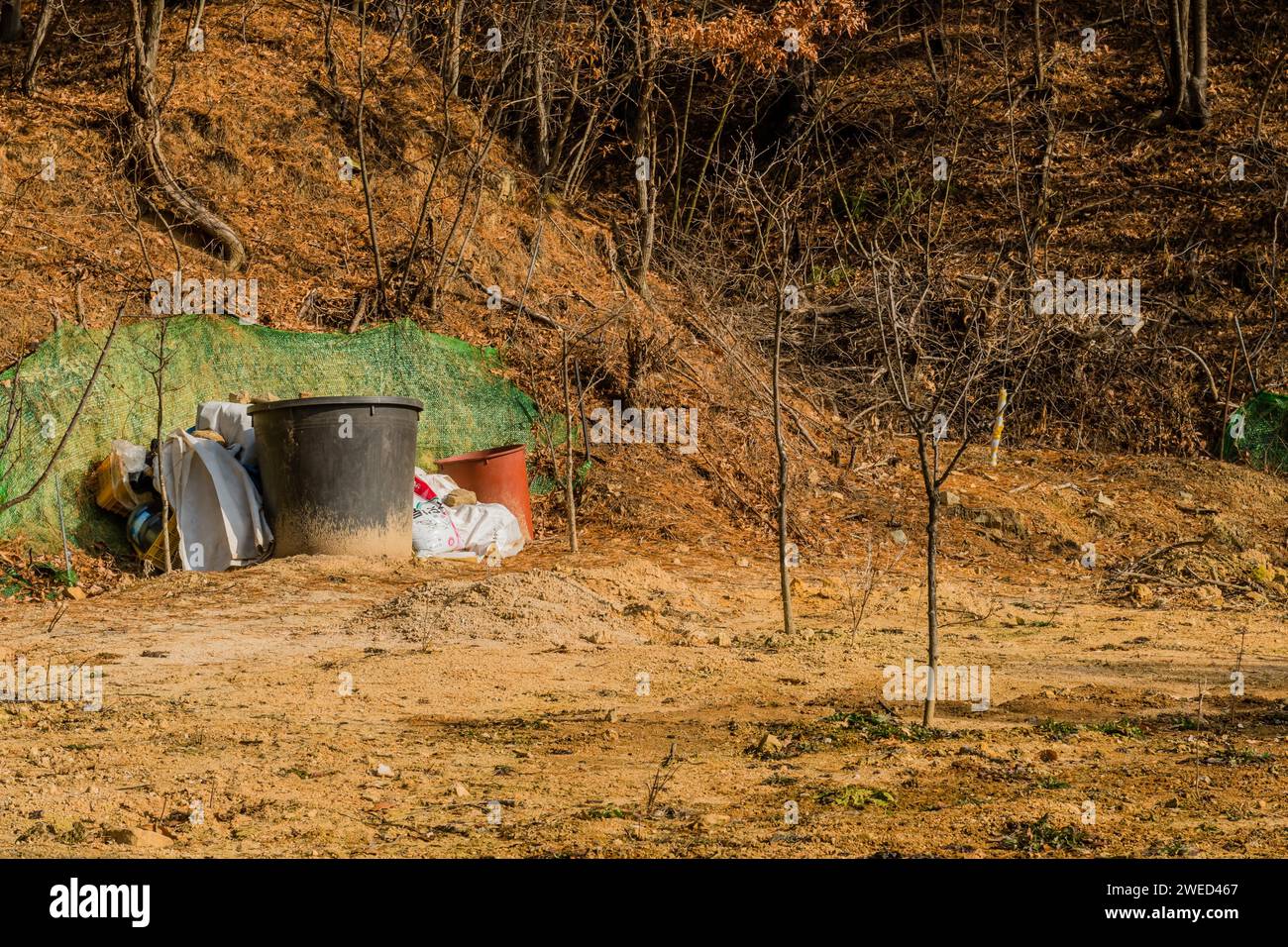 Daejeon, Corea del Sur, 24 de enero de 2020: Dos grandes tinas de plástico marrón junto a bolsas de fertilizante en el campo de árboles jóvenes en el desierto. Para editorial Foto de stock