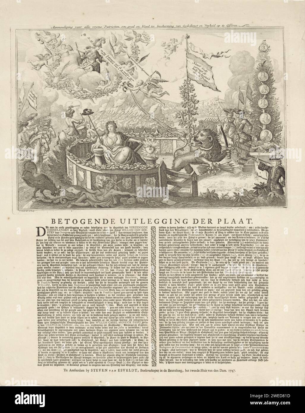 Alegoría sobre la elevación de Guillermo IV, 1747, Jan Smit (II), 1747 imprimir Alegoría sobre la elevación de Guillermo IV a Titular del Estado de la República, 1747. La Virgen Holandesa sentada en el jardín holandés, cuya entrada está custodiada por el León Holandés. En las nubes, el tiempo lleva las riendas del León de los Países Bajos a la personificación del Oranje Vorst. Alrededor de los soldados del jardín, a la derecha el árbol de vapor naranja, en primer plano el Haan francés, símbolos de infidelidad, falsas promesas, etc. En la hoja debajo de la placa una explicación del espectáculo en dos columnas. Grabado de papel de Amsterdam Foto de stock