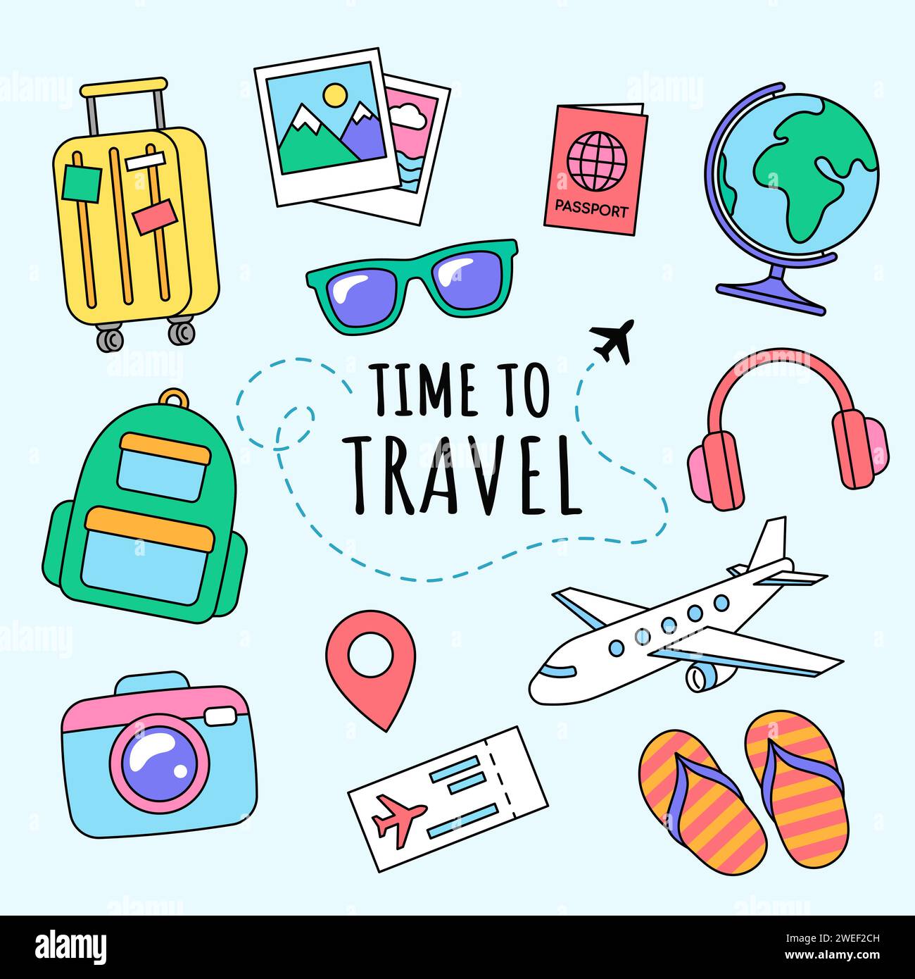 Ilustración vectorial de accesorios de viajes y turismo. Objetos de viaje  coloridos como mochila, maleta, pasaporte, cámara Imagen Vector de stock -  Alamy