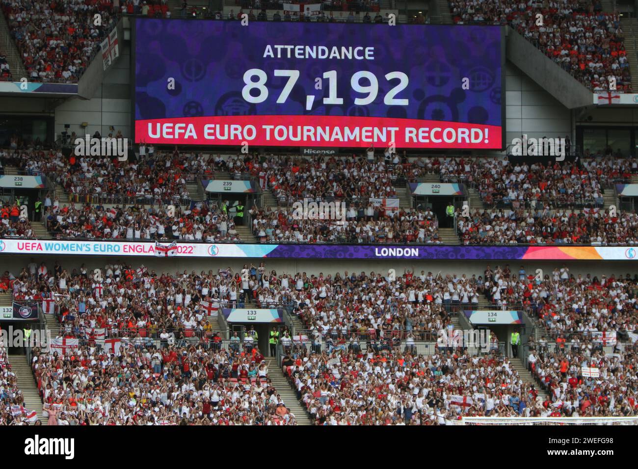 La pantalla grande muestra un récord de asistencia 87192 en la final de la Eurocopa Femenina de la UEFA 2022 Inglaterra - Alemania en el estadio Wembley, Londres, 31 de julio de 2022 Foto de stock