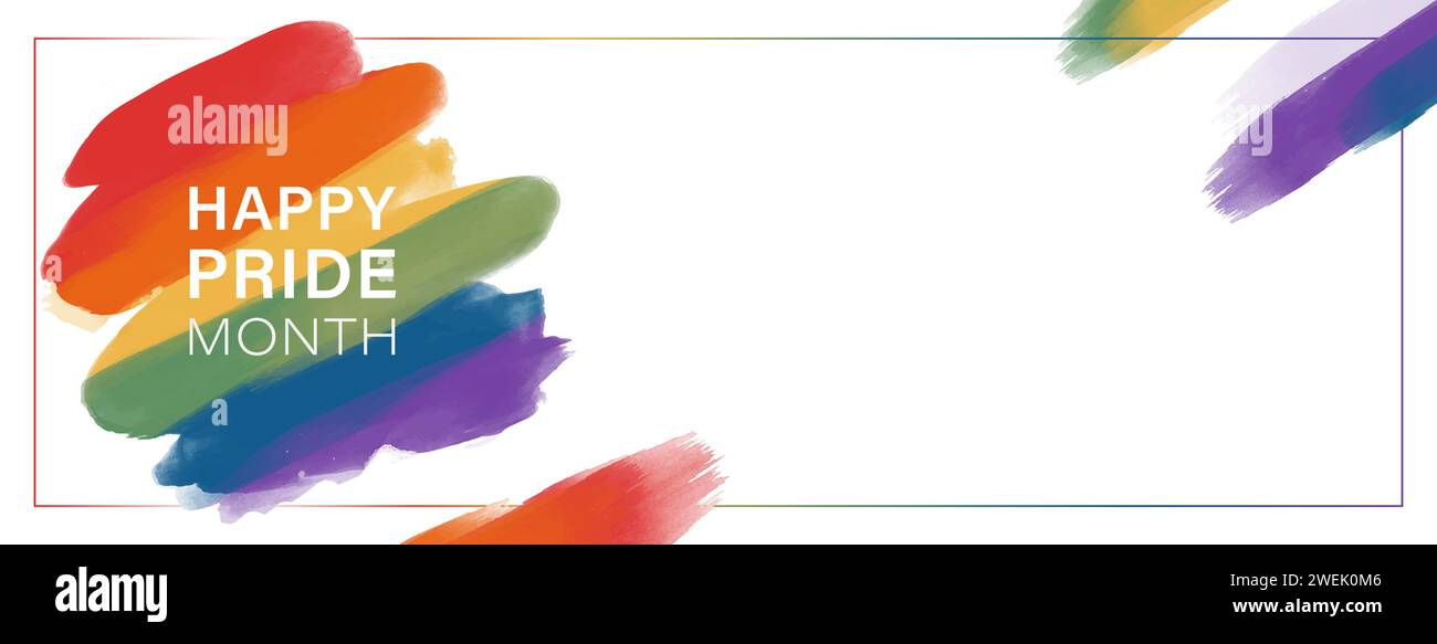 Trazos de pincel de color del arco iris LGBT con texto del mes del orgullo feliz en fondo blanco de la bandera Ilustración del Vector