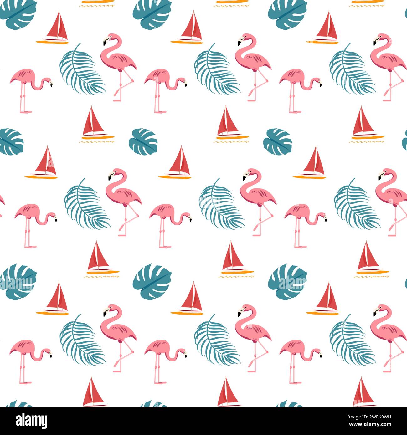 Fondo de patrón sin fisuras de verano con pájaros flamencos, veleros y hojas sobre fondo blanco Ilustración del Vector